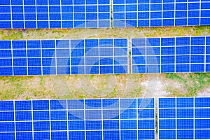 Solar panel, photovoltaic, alternative electricity source - concept of sustainable resources. Aerial view of Solar panels