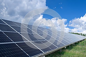 Solar panel, photovoltaic, alternative electricity source - concept of sustainable resources. Landscape of solar panels
