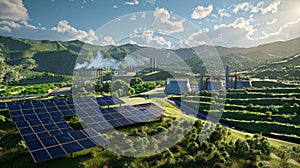 Solar panel, photovoltaic with thermal power station. Concept of old and new energy