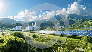 Solar panel, photovoltaic with thermal power station. Concept of old and new energy