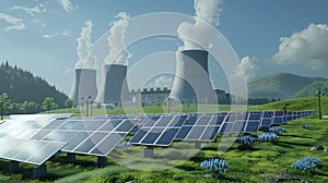 Solar panel, photovoltaic with thermal power station. Concept of old and new energy