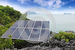 Solar panel or Photovoltaics module installed on the top of the mountain on the island