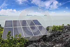 Solar panel or Photovoltaics module installed on the top of the mountain on the island