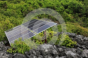 Solar panel or Photovoltaics module installed on the top of the mountain on the island