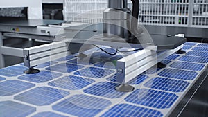 Solar panel placed on conveyor belt, operated by high tech robot arm, render
