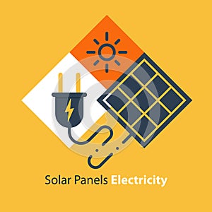 Solar panel and plug, source of energy, flat design illustration