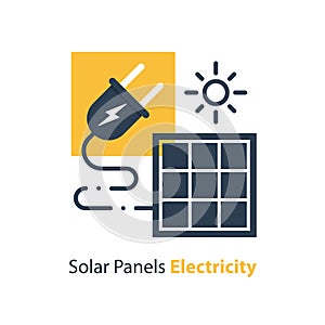 Solar panel and plug, source of energy, flat design illustration
