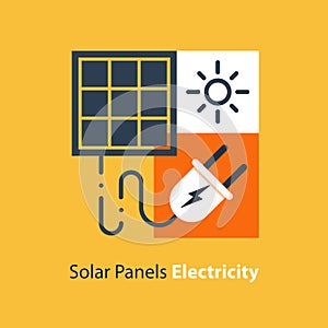 Solar panel and plug, source of energy, flat design illustration