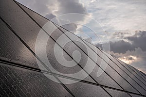 Solar panel with rain drops on it.