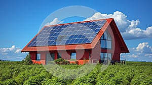 Solar panel on a red roof reflecting the sun and the cloudless blue sky