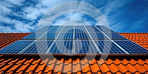 Solar panel on a red roof reflecting the sun and the cloudless blue sky