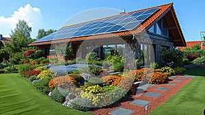 Solar panel on a red roof reflecting the sun and the cloudless blue sky