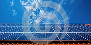 Solar panel on a red roof reflecting the sun and the cloudless blue sky