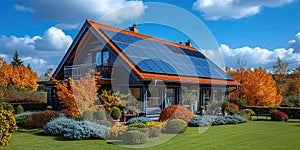 Solar panel on a red roof reflecting the sun and the cloudless blue sky