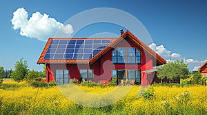 Solar panel on a red roof reflecting the sun and the cloudless blue sky