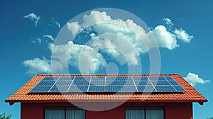 Solar panel on a red roof reflecting the sun and the cloudless blue sky