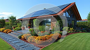 Solar panel on a red roof reflecting the sun and the cloudless blue sky