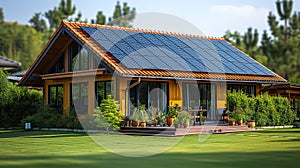 Solar panel on a red roof reflecting the sun and the cloudless blue sky