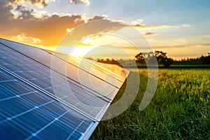 Solar panel reflecting sunset light in green field