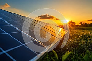 Solar panel reflecting sunset light in green field