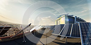 Solar panel in the roof around big city and great background