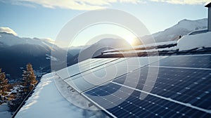 Solar panel on the roof of a country house against the backdrop of a snowy landscape