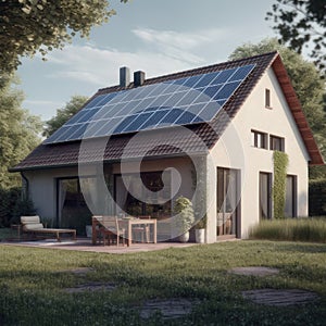 Solar panel on the roof of the house, alternative green energy. AI generative