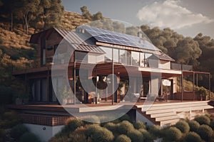 Solar panel on the roof of the house, alternative green energy, ecology. AI generative