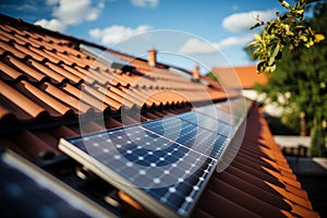 Solar panel on the roof of a house close up. Green renewable energy concept