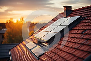 Solar panel on the roof of a house close up. Green renewable energy concept