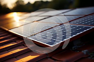 Solar panel on the roof of a house close up. Green renewable energy concept