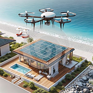 Solar panel roof house with flying drone, generative ai