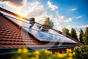 Solar panel on the roof of house at sunset. Generative AI