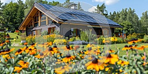 Solar panel on the roof of a modern house and summer flower garden. Generative AI