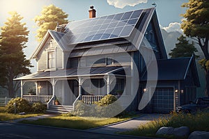 Solar Panel Roof On A Twostory House Realistic. Generative AI