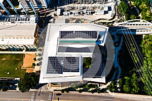 Solar Panel Rooftops on industrial Buiness building in downtown Austin Texas