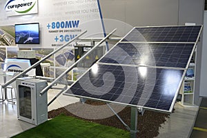 Solar panel set on a stand during exhibition