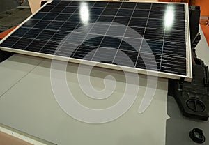 Solar panel showcase at diy hardware store. energy saving equipment for autonomous electricity generating and cost saving on