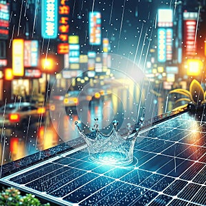 Solar panel with water droplets, cityscape, generative ai
