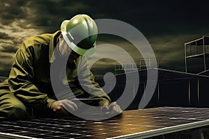 Solar Panel with Solar Panel Installer Man at Work extreme closeup. Generative AI