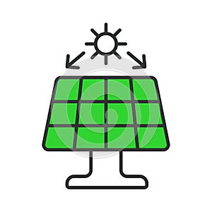 Solar panel with the sun icon in line design green. Panel, sun, power, renewable, photovoltaic, electricity, solar power