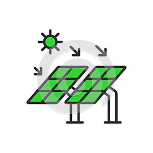 Solar panel with the sun icon in line design green. Panel, sun, power, renewable, photovoltaic, electricity, solar power