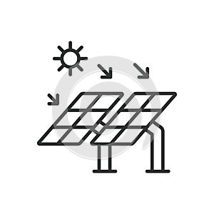 Solar panel with the sun icon in line design. Panel, sun, power, renewable, photovoltaic, electricity, solar power