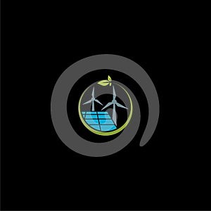Solar panel sun and wind icon isolated on dark background