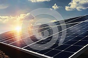 solar panel with sunlight and blue sky background. concept clean photo