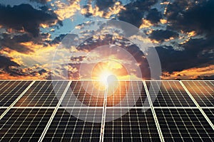 Solar panel sunset. concept clean energy, electric alternative, power in nature photo