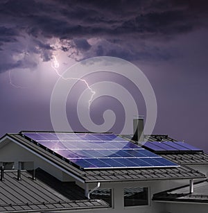 House with solar panels in thunderstorm