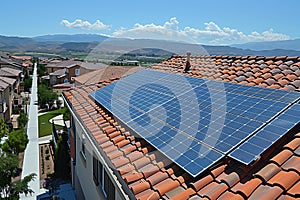 A solar panel system installed on the roof of a residential house, harnessing renewable energy to power the home