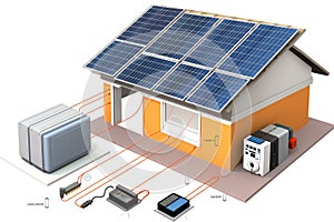 solar panel system, with power being transferred to battery bank and inverter