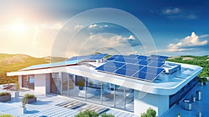 Solar panel system on the roof of a futuristic smart home. Renewable energy concept.